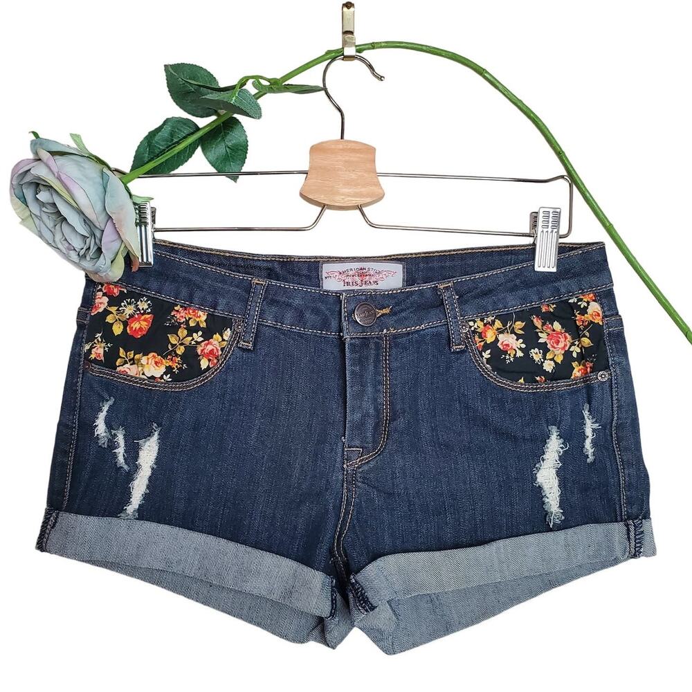 Iris Jeans Roll Up Denim Shorts L Cuffed Distressed Floral Pocket Y2K Casual